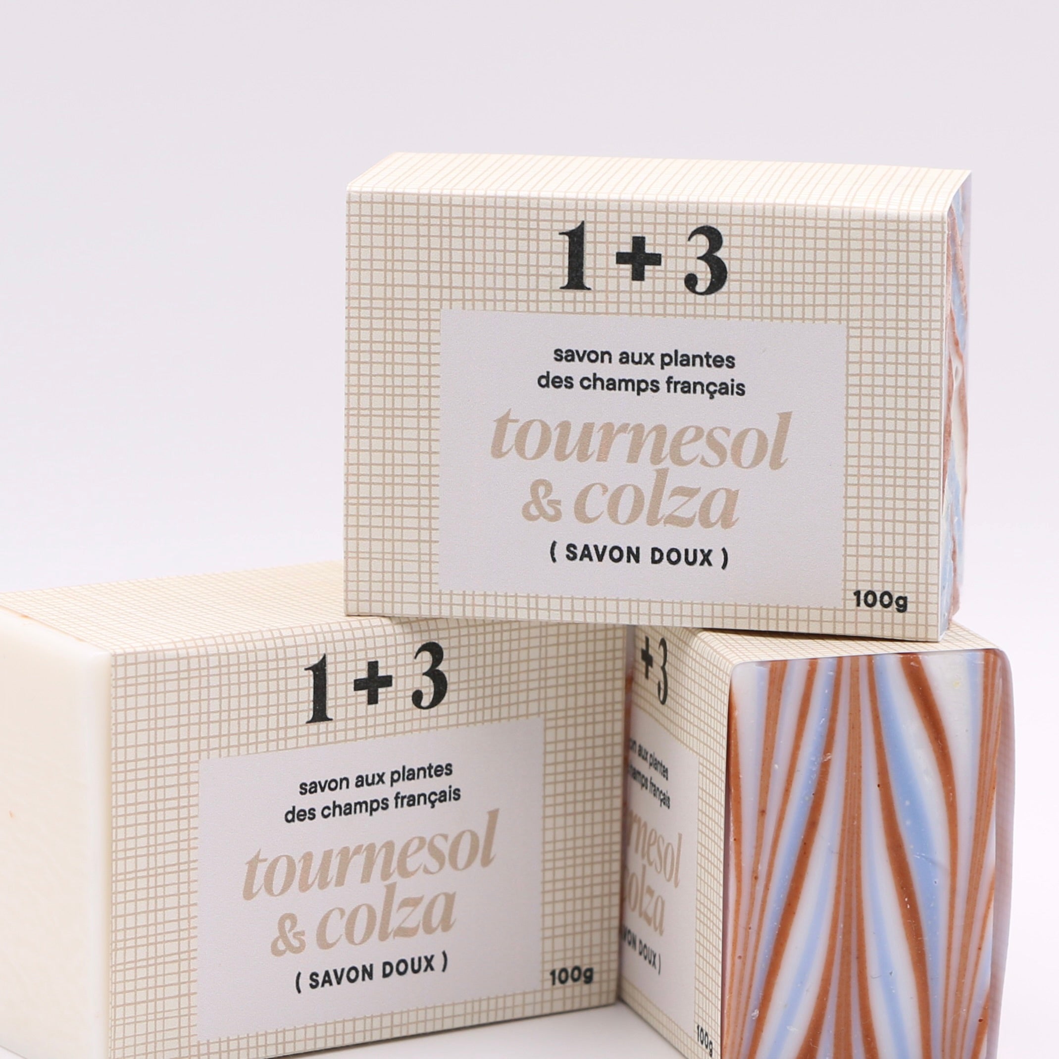 Lot de trois savons doux Tournesol & Colza 1+3 empilés – savon-soin familial nourrissant et naturel