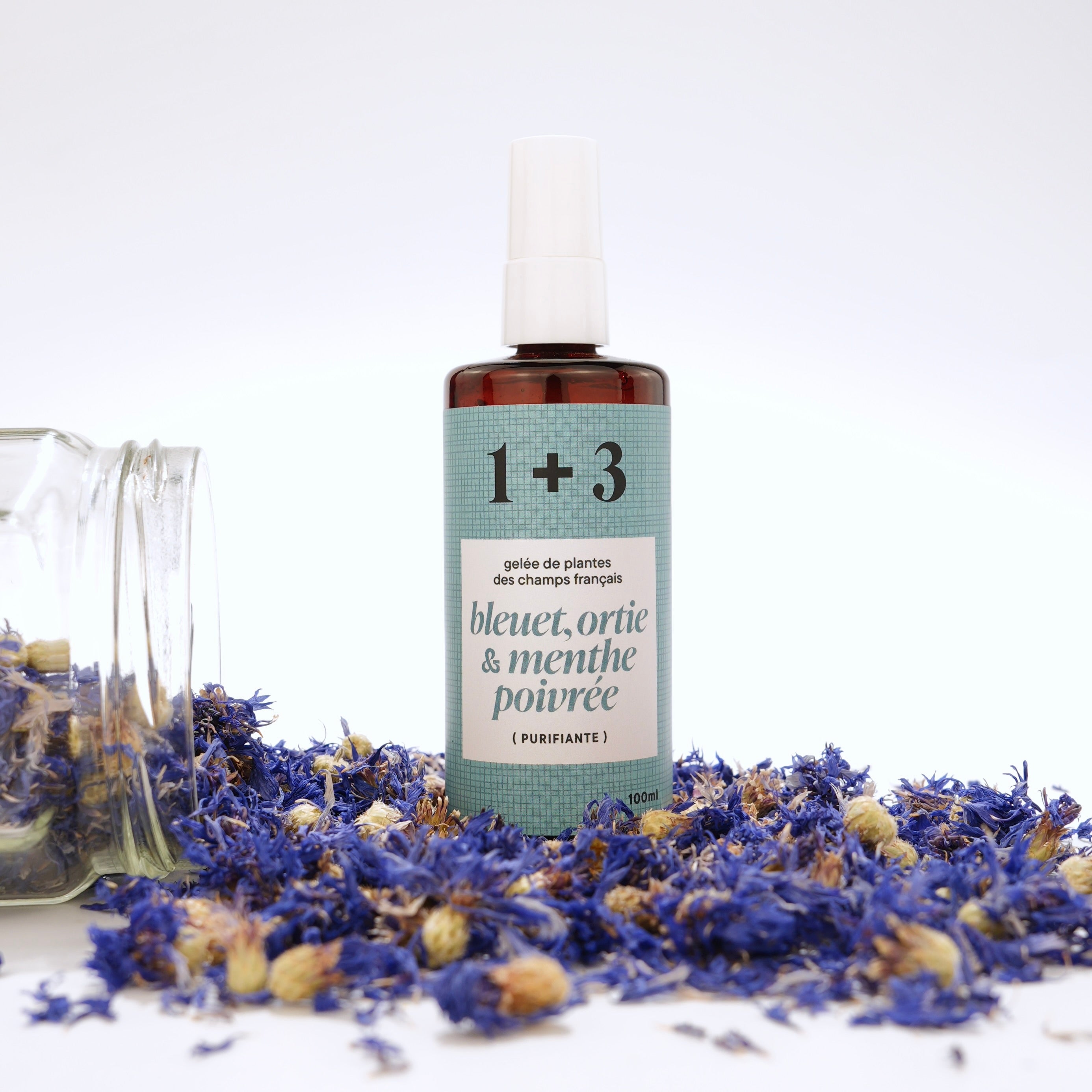 Photo gelée de bleuet, ortie et menthe poivrée avec des fleurs séchées de bleuet