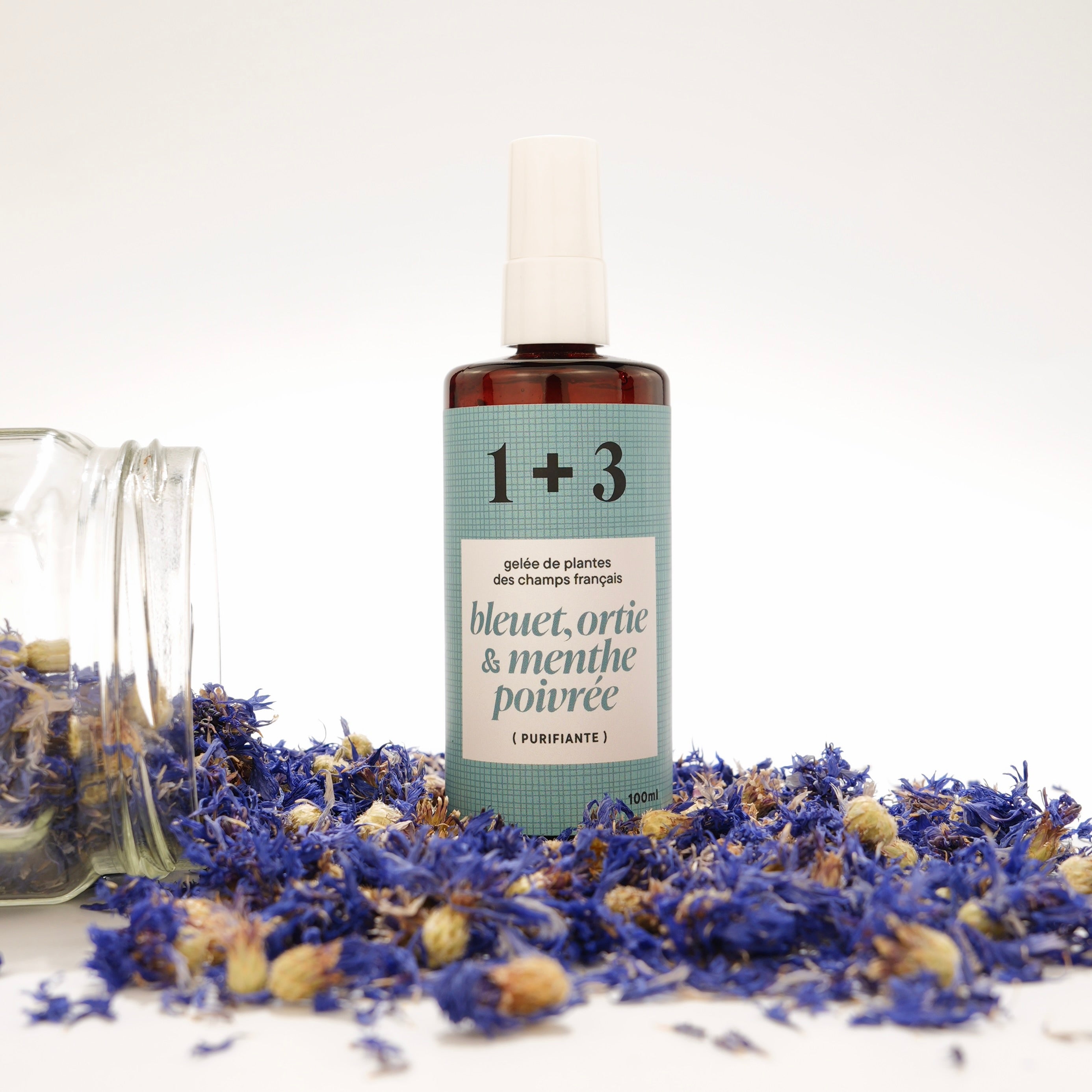 Photo gelée de bleuet, ortie et menthe poivrée avec des fleurs séchées de bleuet