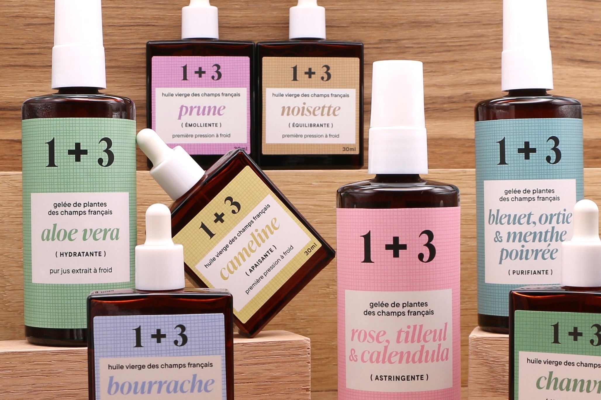 Ensemble des produits 1+3 – huiles et gelées de plantes françaises : aloe vera, caméline, chanvre, bourrache, noisette, prune, rose, tilleul, calendula, bleuet, ortie et menthe poivrée