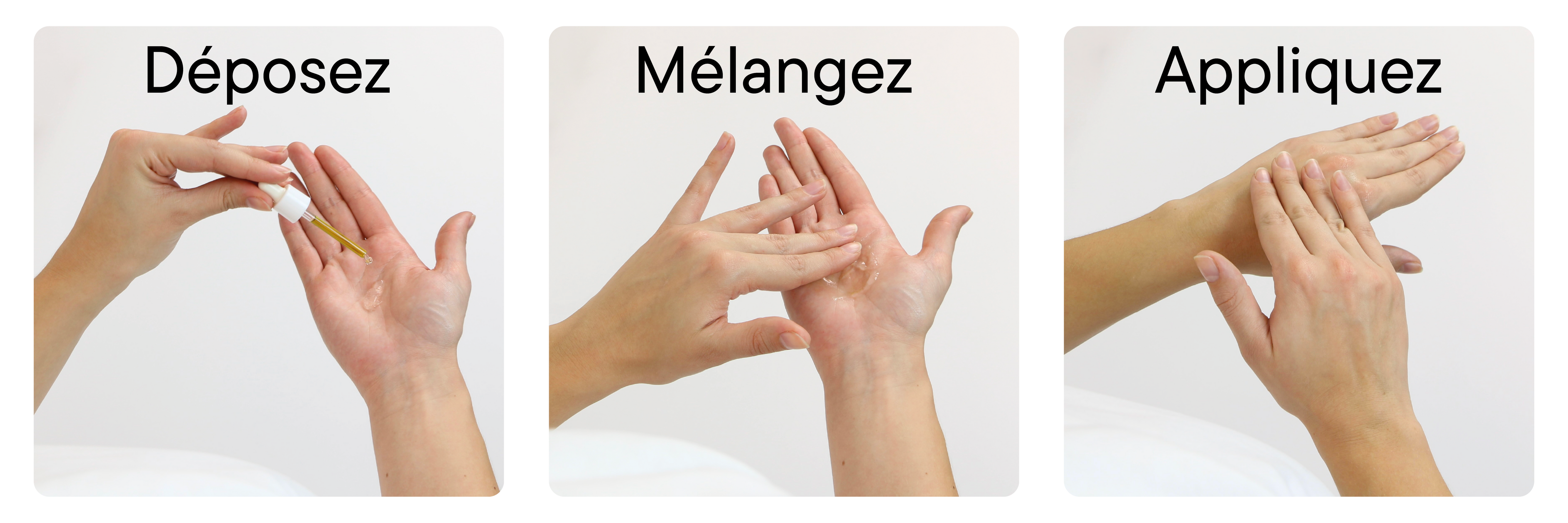 Guide visuel horizontal 1+3 – mains de femme illustrant les trois gestes de la méthode : déposer la gelée et l’huile, mélanger, puis appliquer sur la peau