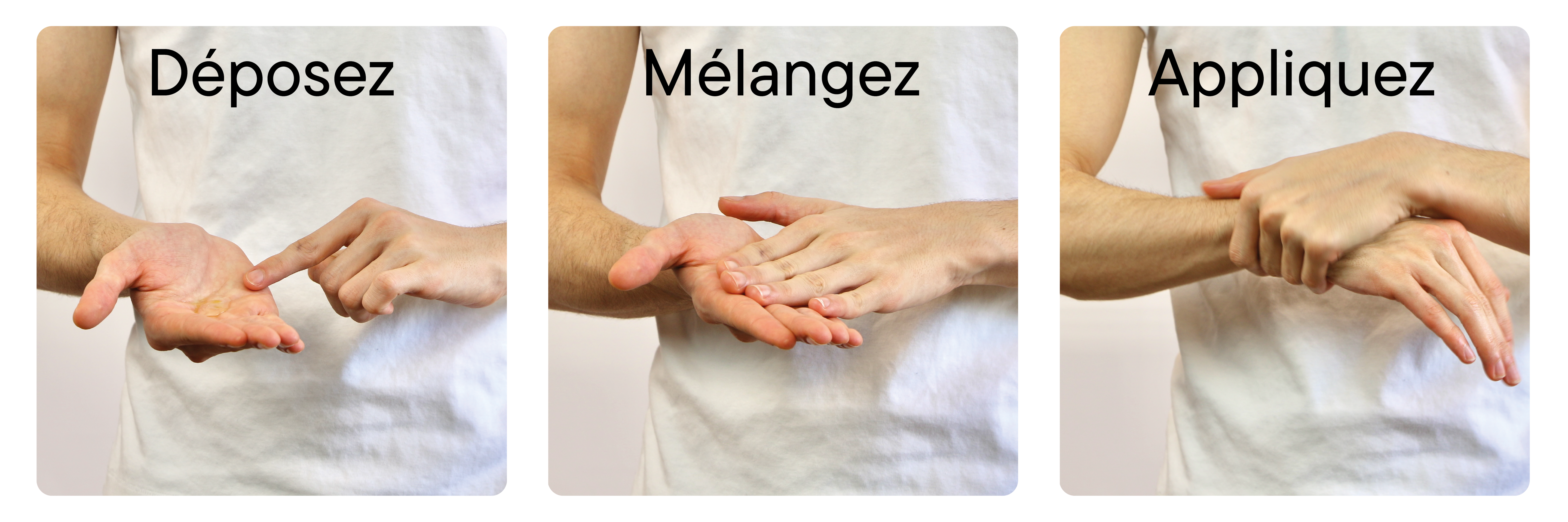 Guide visuel horizontal 1+3 – étapes illustrées de la méthode : déposez, mélangez et appliquez le soin naturel