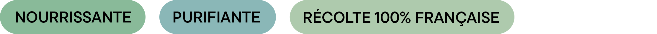 Badges du duo chanvre + bleuet 1+3 – mentions “Nourrissante”, “Purifiante” et “Récolte 100% française”