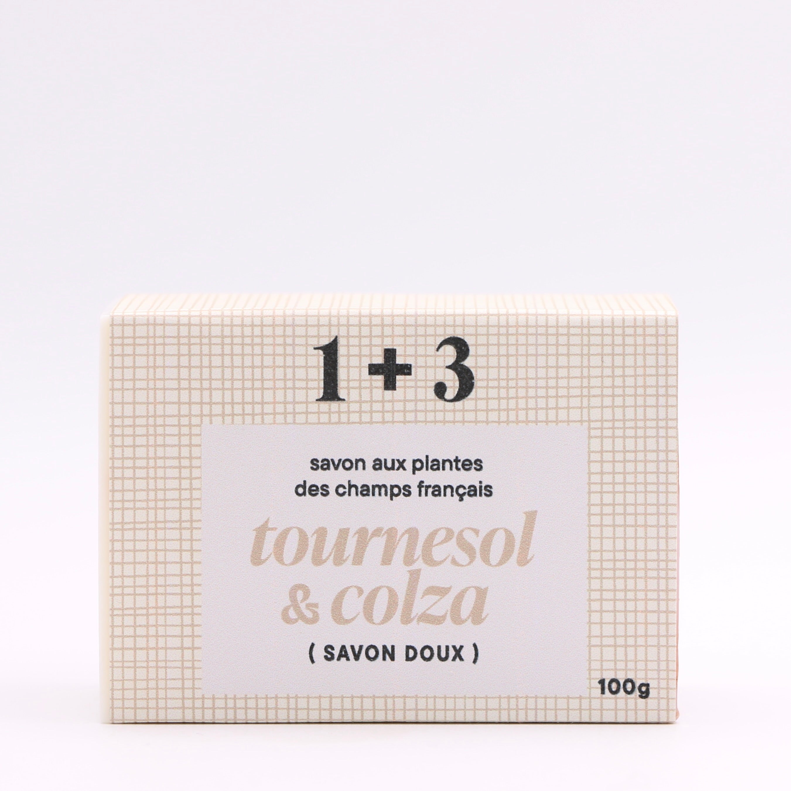 Savon doux Tournesol & Colza 1+3 présenté dans sa boîte – savon hydratant et purifiant, 100% français