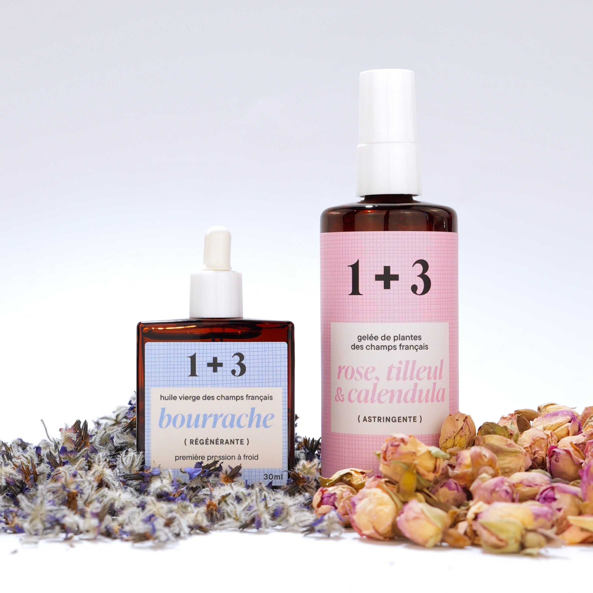 Focus sur le duo huile de Bourrache et gelée de Rose, Tilleul et Calendula avec des Bourrache et des Roses séchées 