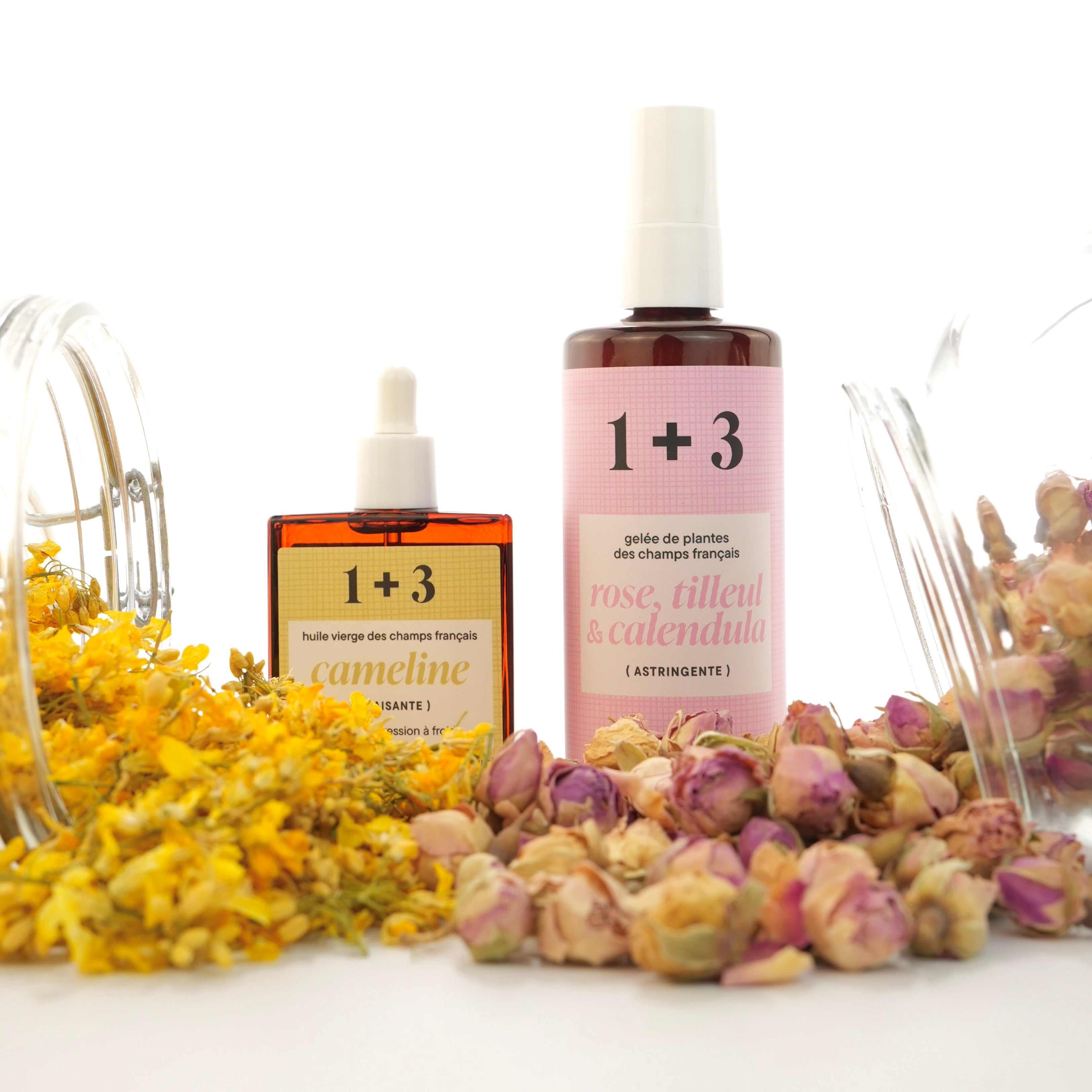 Duo huile de caméline (apaisante) et gelée rose, tilleul & calendula (apaisante), avec fleurs correspondante, soins ultra-doux pour apaiser et équilibrer la peau, récolte 100 % française.