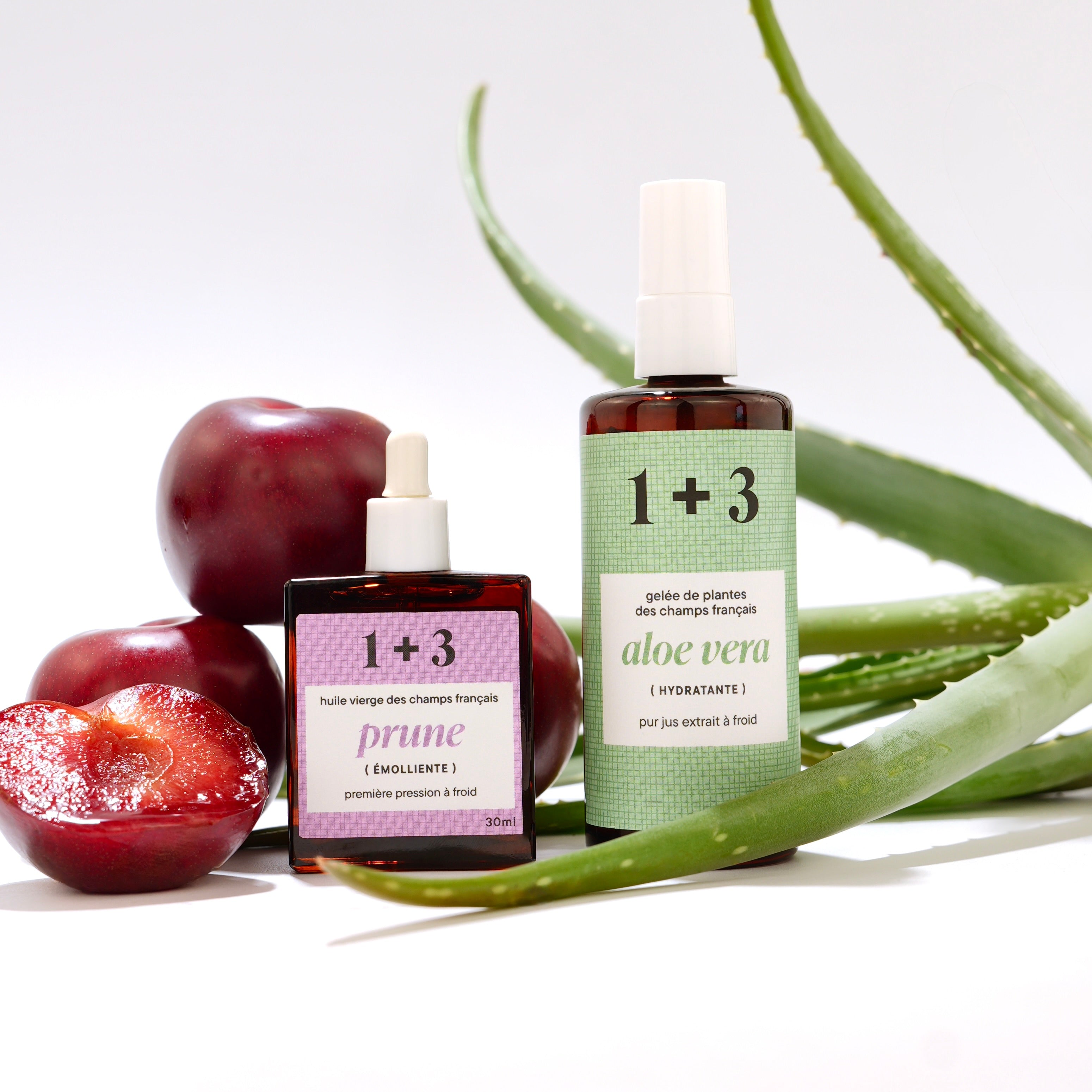 ffre découverte 1+3 – Duo huile de prune (émolliente) et gelée d’aloe vera (hydratante), avec des prunes et des branches d'Aloe Vera 