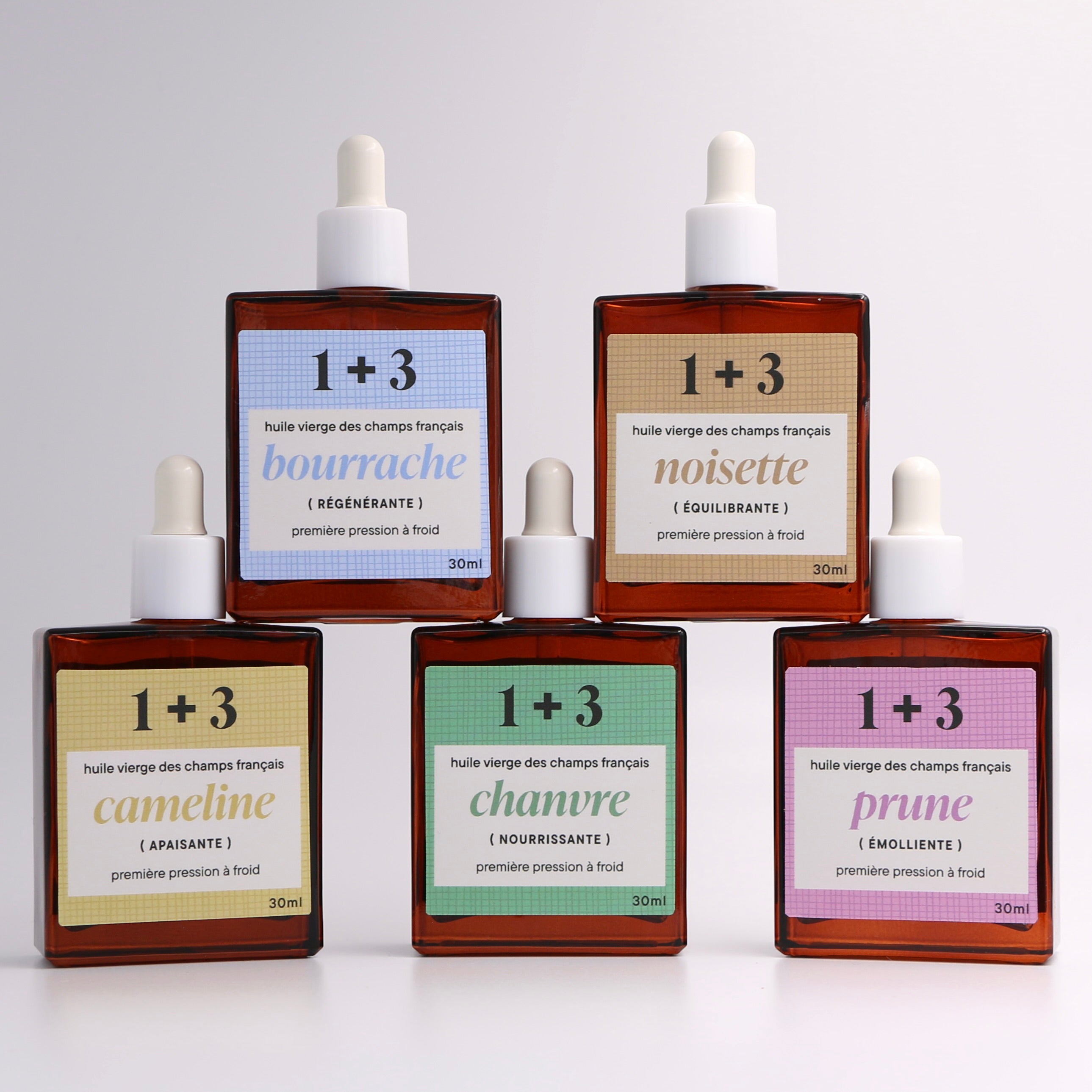 ensemble 5 huiles françaises bourrache prune noisette cameline chanvre 30ml 1+3