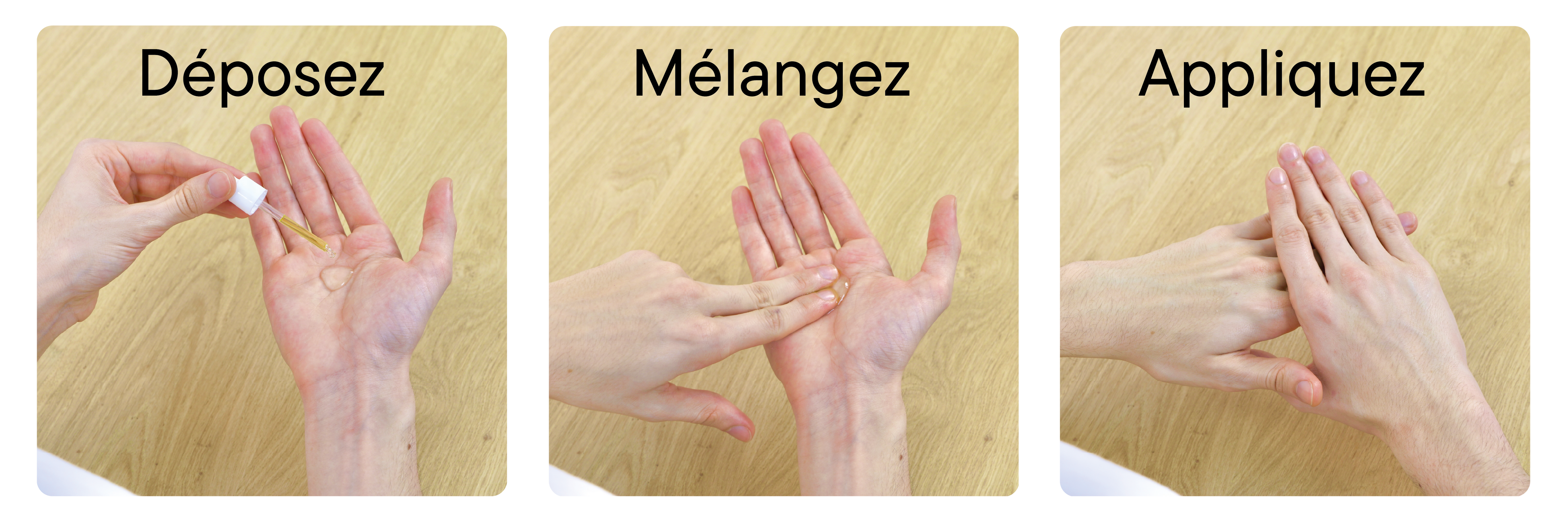Guide visuel 1+3 illustrant la méthode en trois étapes : déposer la gelée et l’huile dans la main, mélanger, puis appliquer sur la peau