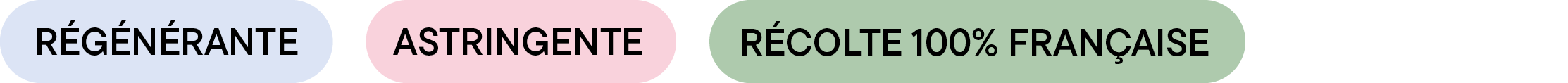 Badges du duo bourrache + rose 1+3 – mentions “Régénérente”, “Astringente” et “Récolte 100% française”