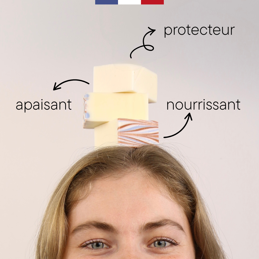 Eglantine et sur sa tête un lot de 3 savons doux tournesol & colza 1+3 Mieux tout simplement